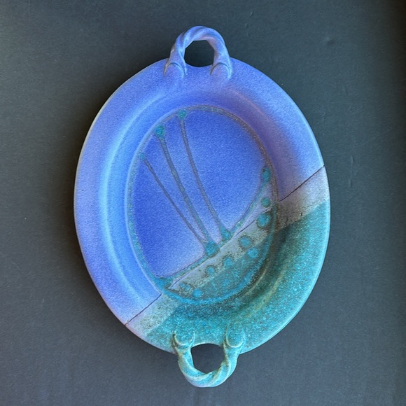 VTG Studio Art Pottery Signed Stoneware Double Handled 13" Oval Serving Platter - Picture 4 of 6